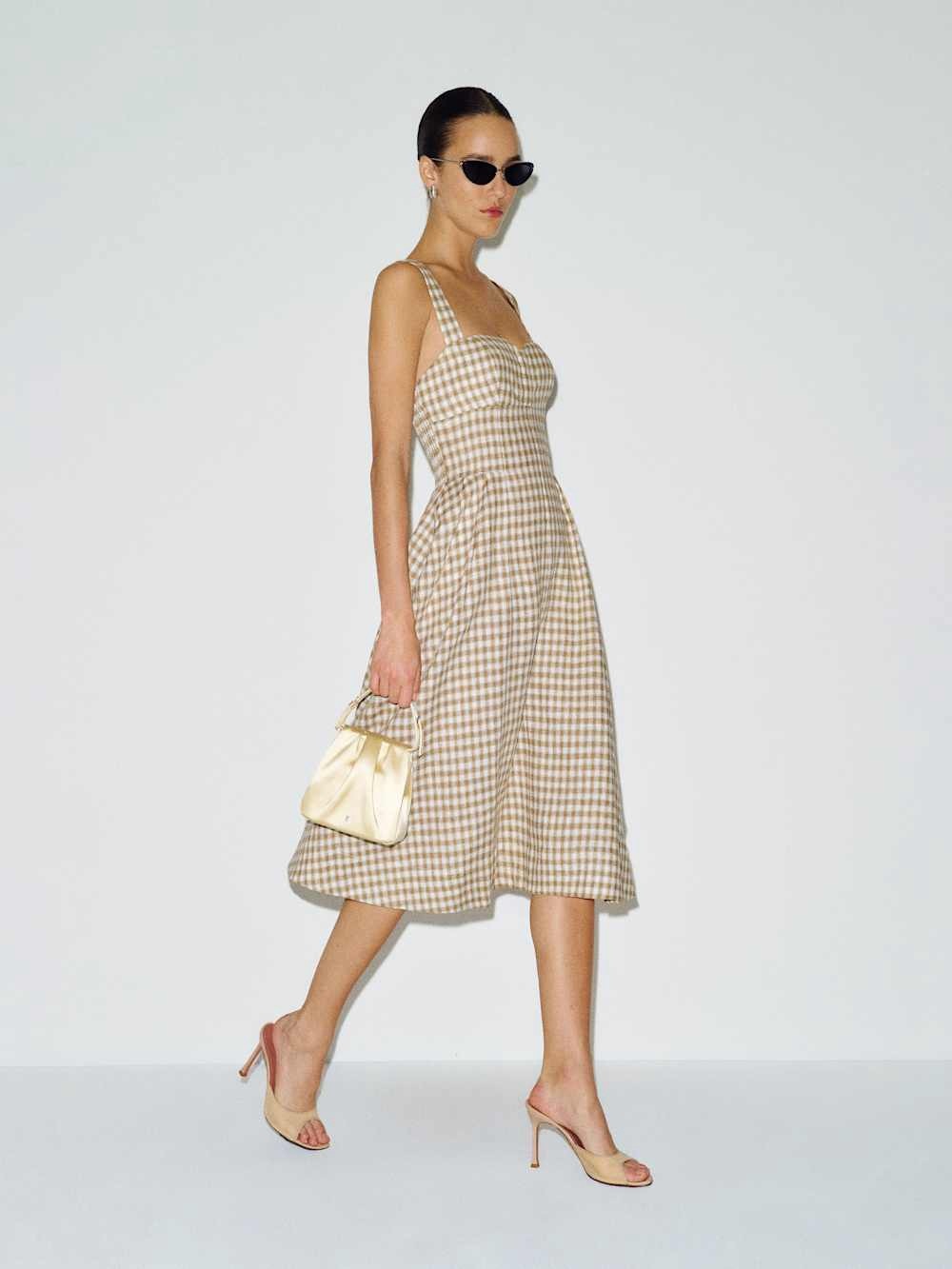 Reformation Roma Linen Beige Gingham Square-Neck Midi Dress